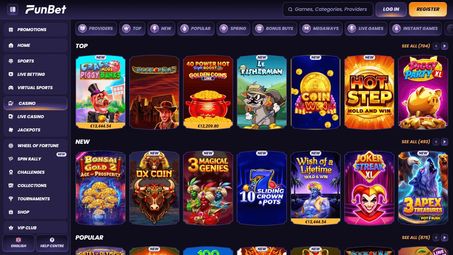Funbet Casino games interface on a desktop device
