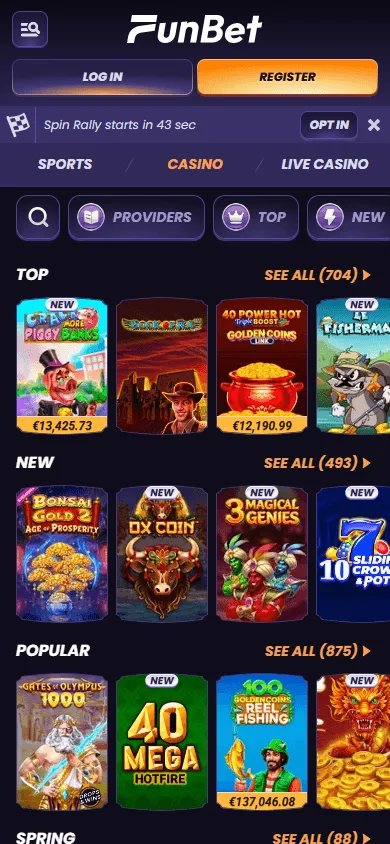 Funbet Casino games interface on a mobile device