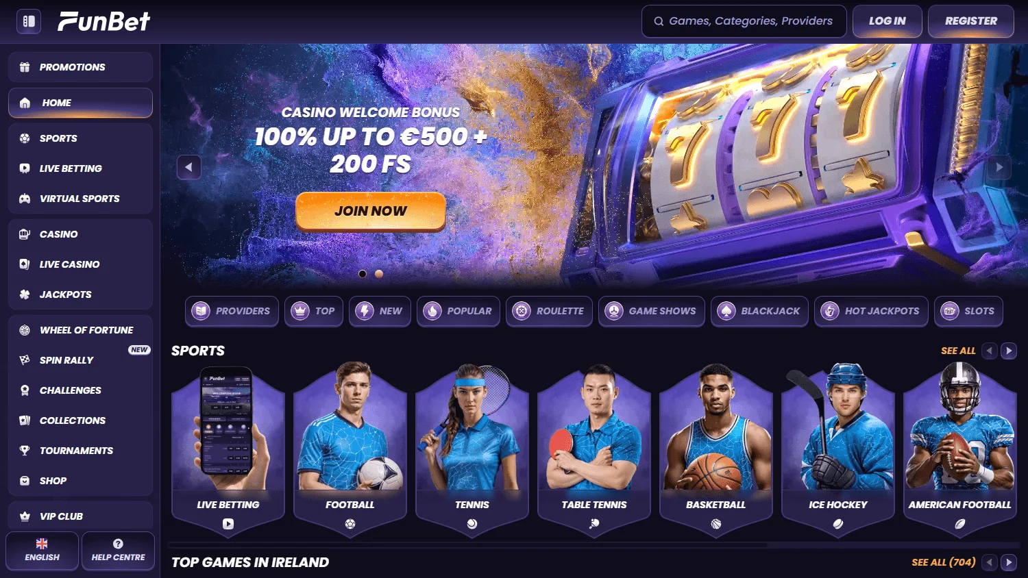 Funbet Casino home interface on a desktop device