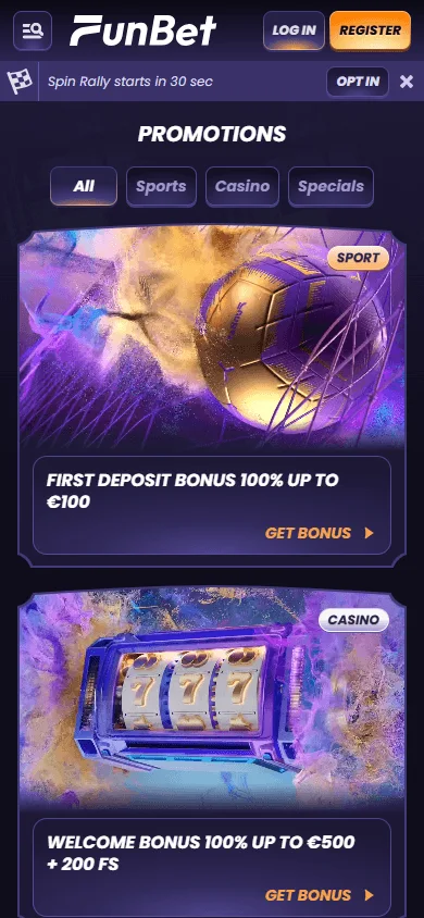 Funbet Casino promotions interface on a mobile device
