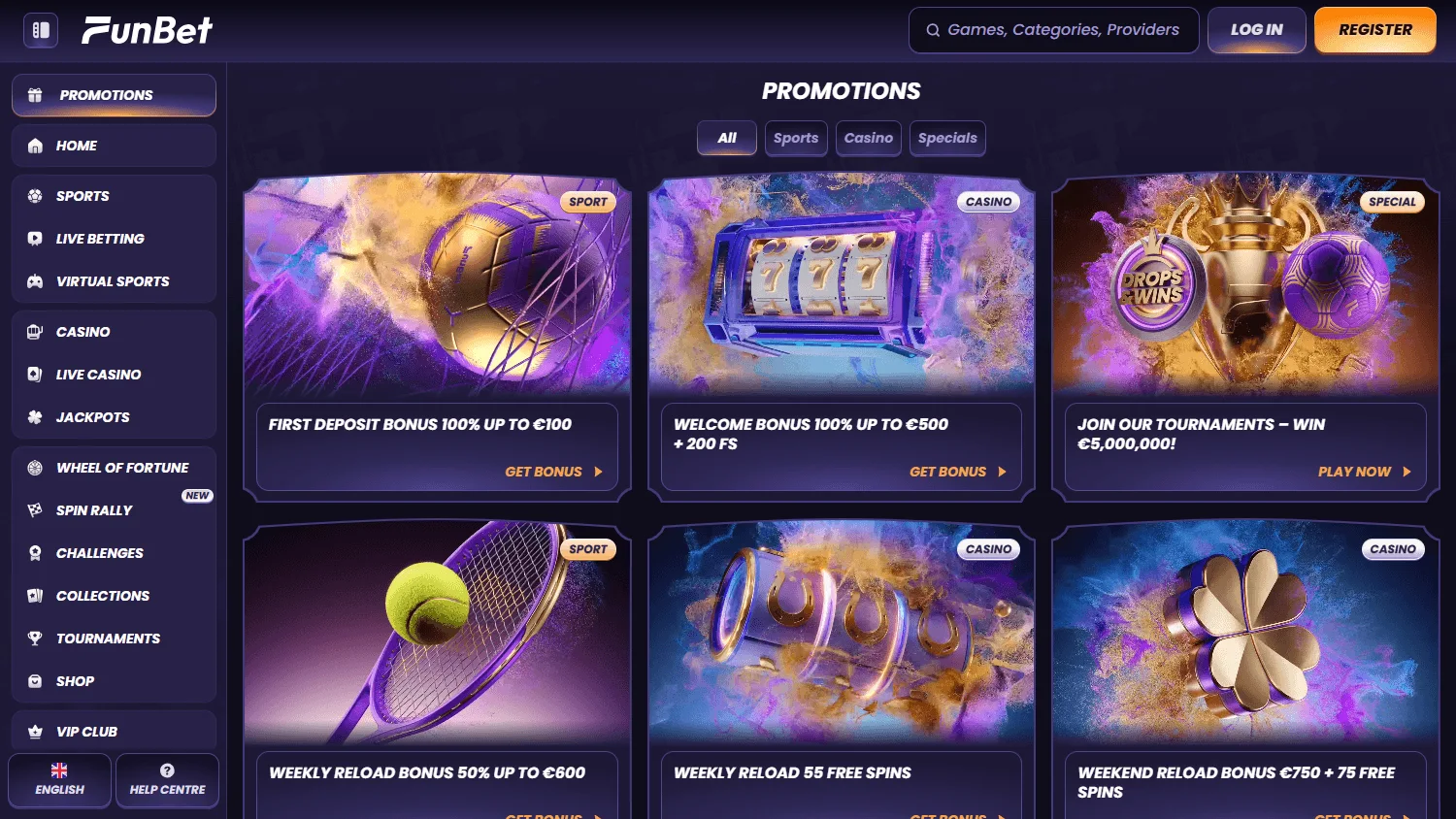 Funbet Casino promotions interface on a desktop device